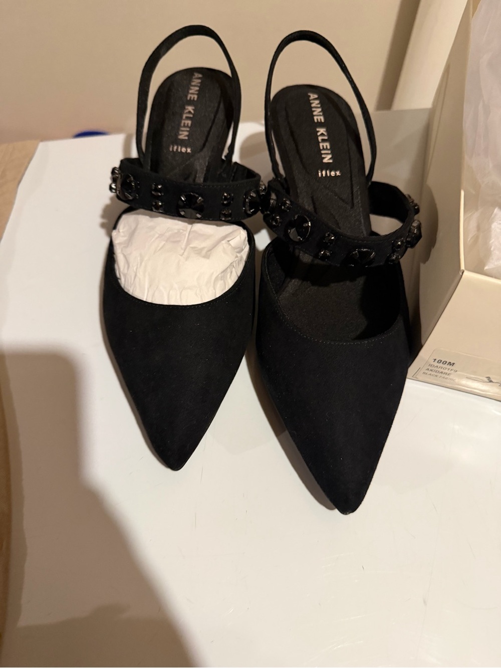 Anne Klein Black Jeweled Slingback Pointed-Toe Heels